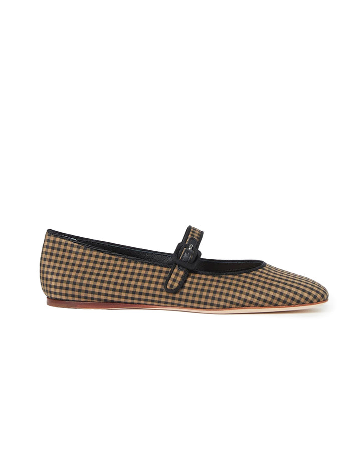 Side view of Loeffler Randall's ginger in brown and black check.