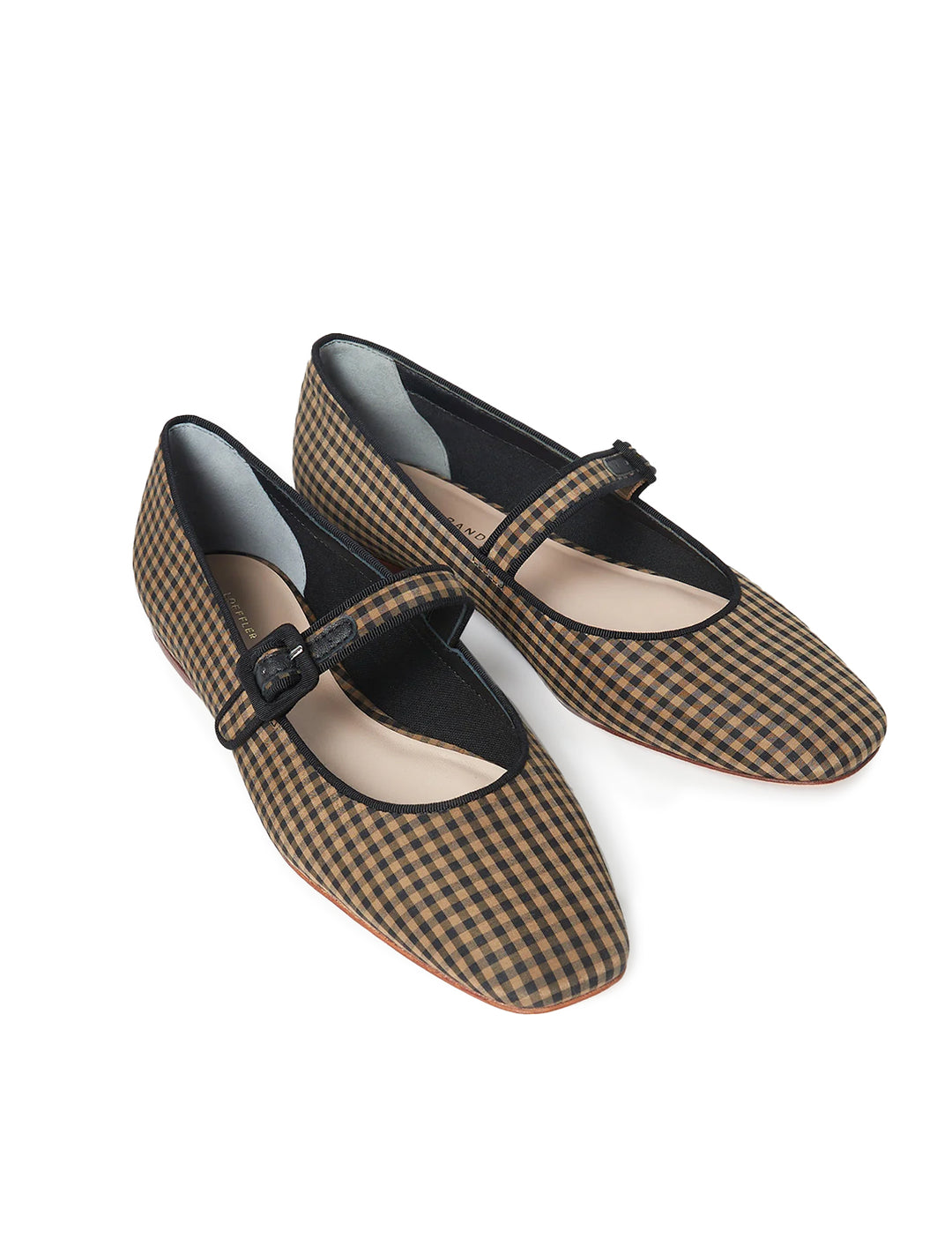 Overhead view of Loeffler Randall's ginger in brown and black check.