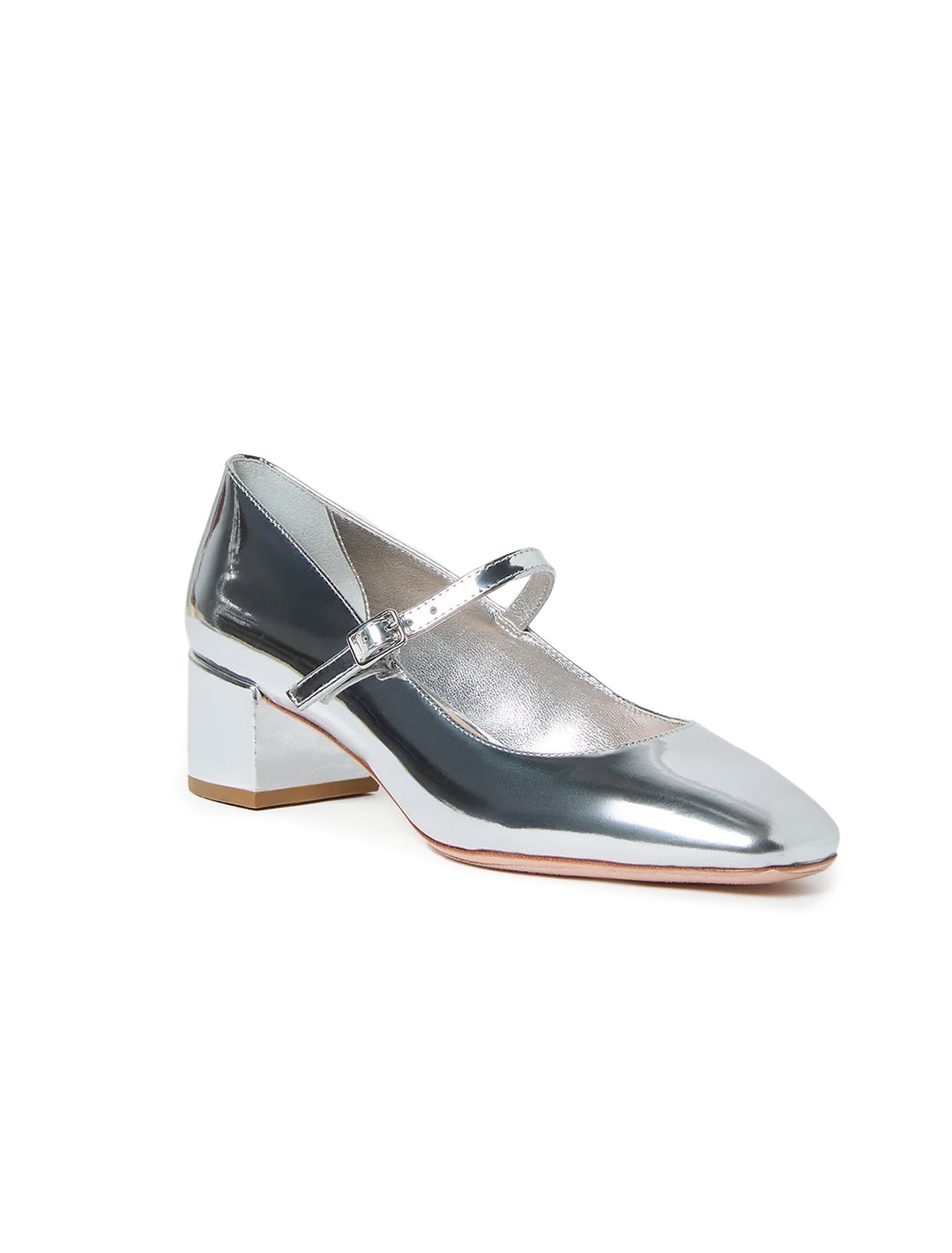 Front angle view of Loeffler Randall's lyra pump in silver.