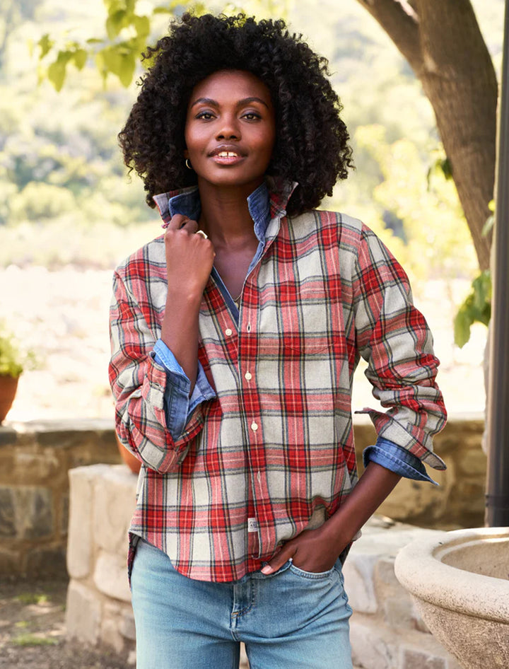 Model wearing Frank & Eileen's eileen in washed red plaid.