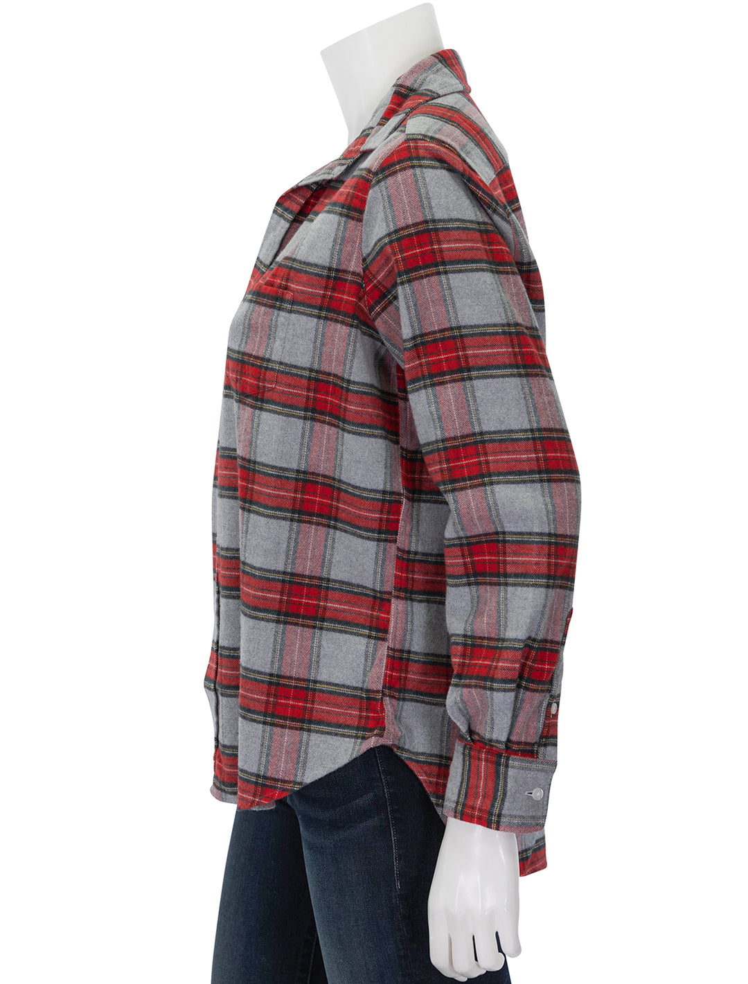 Side view of Frank & Eileen's eileen in washed red plaid.