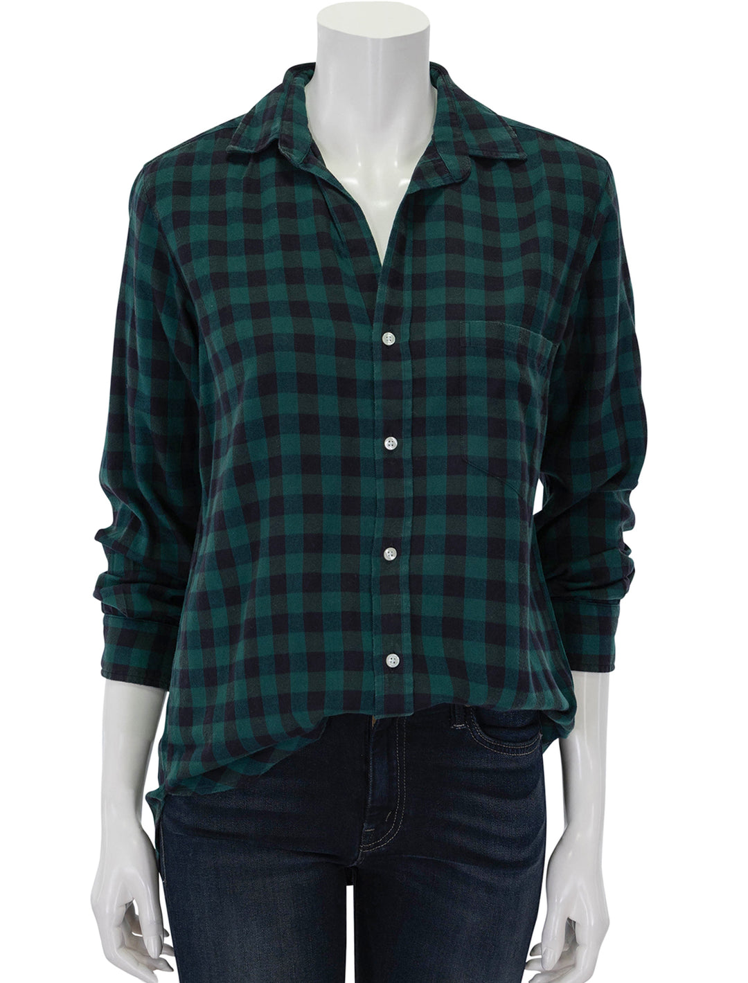 Front view of Frank & Eileen's joedy in green and black check.