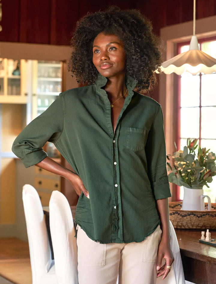 Model wearing Frank & Eileen's eileen in vintage green denim.