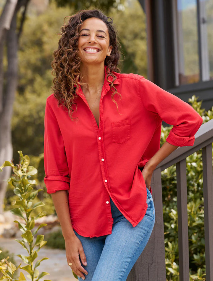 Model wearing Frank & Eileen's eileen in copper red denim.