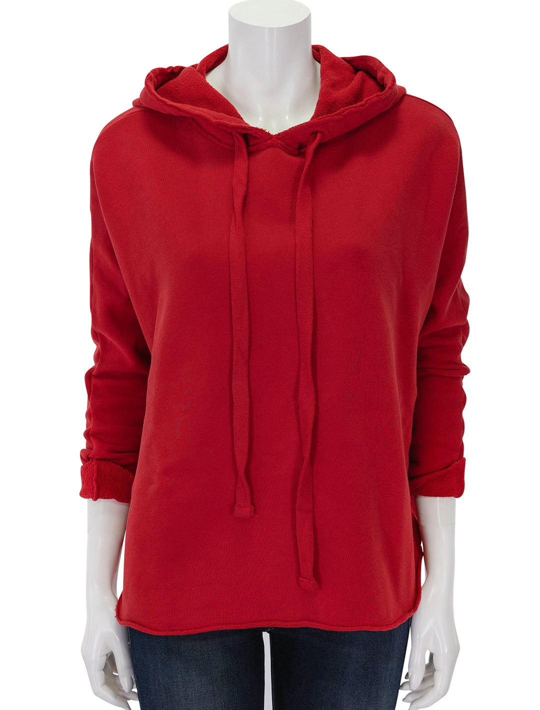 Front view of Frank & Eileen's kane capelet hoodie in crimson.