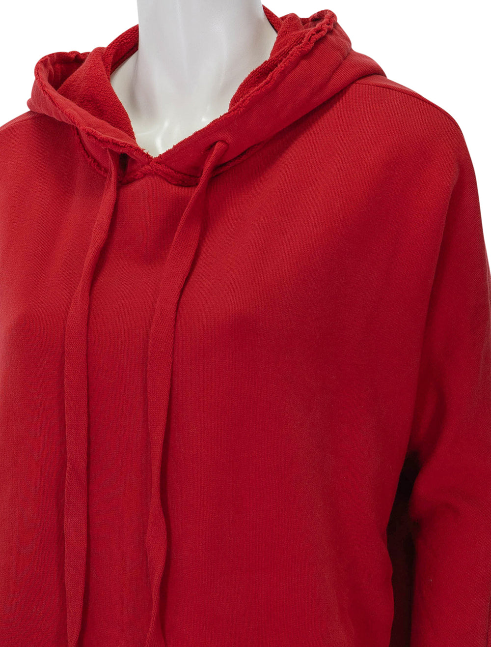 Close-up view of Frank & Eileen's kane capelet hoodie in crimson.