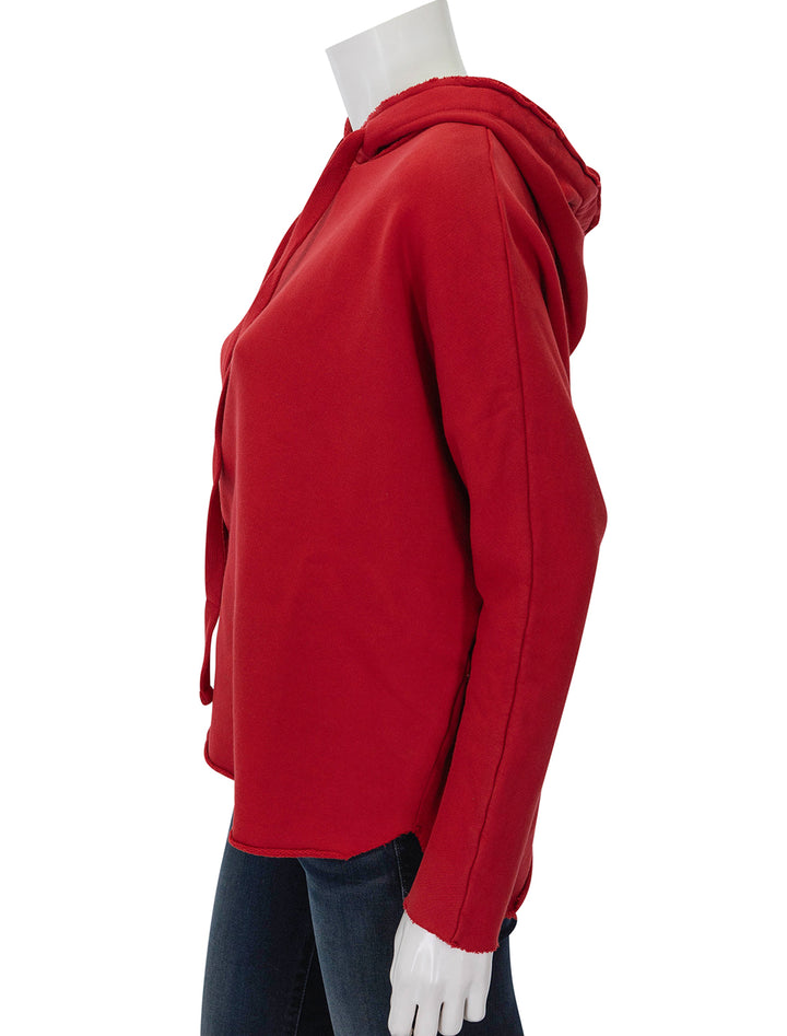 Side view of Frank & Eileen's kane capelet hoodie in crimson.