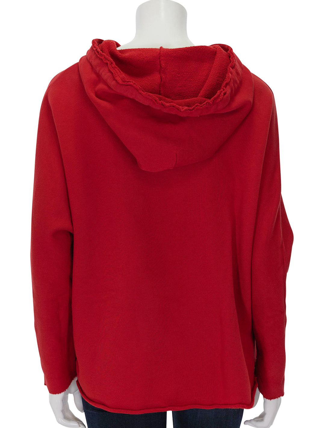 Back view of Frank & Eileen's kane capelet hoodie in crimson.