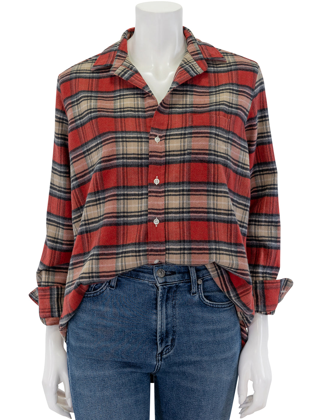 Front view of Frank & Eileen's eileen in red, black and cream plaid.