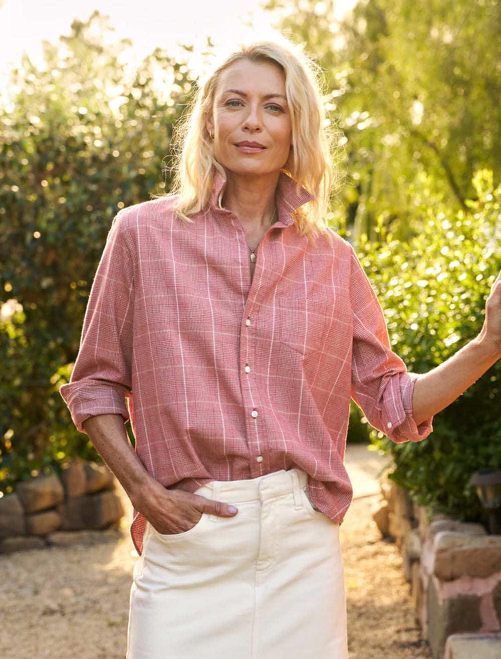 Model wearing Frank & Eileen's eileen in small red plaid.