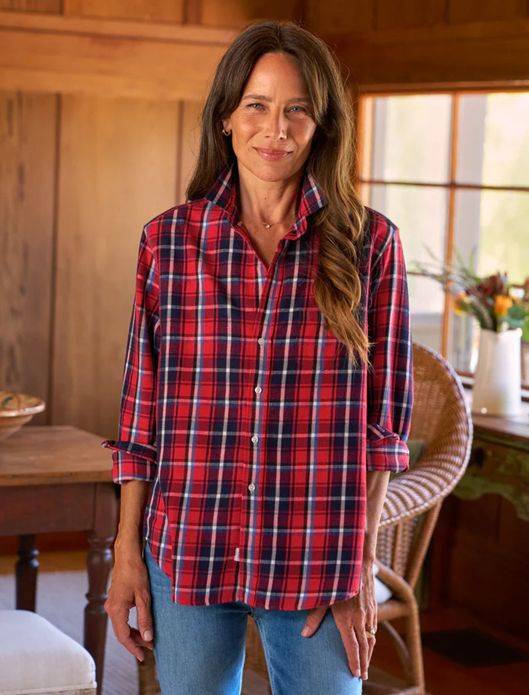 eileen in red and navy with yellow accent plaid