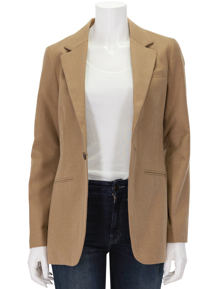 Front view of Alex Mill's marie blazer in camel, unbuttoned.