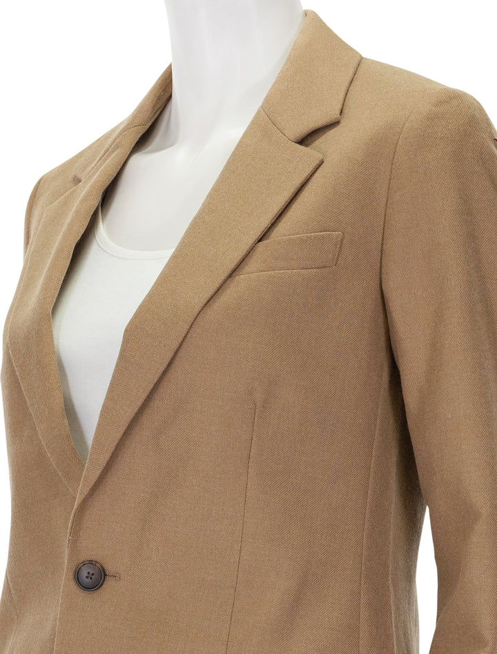 Close-up view of Alex Mill's marie blazer in camel.