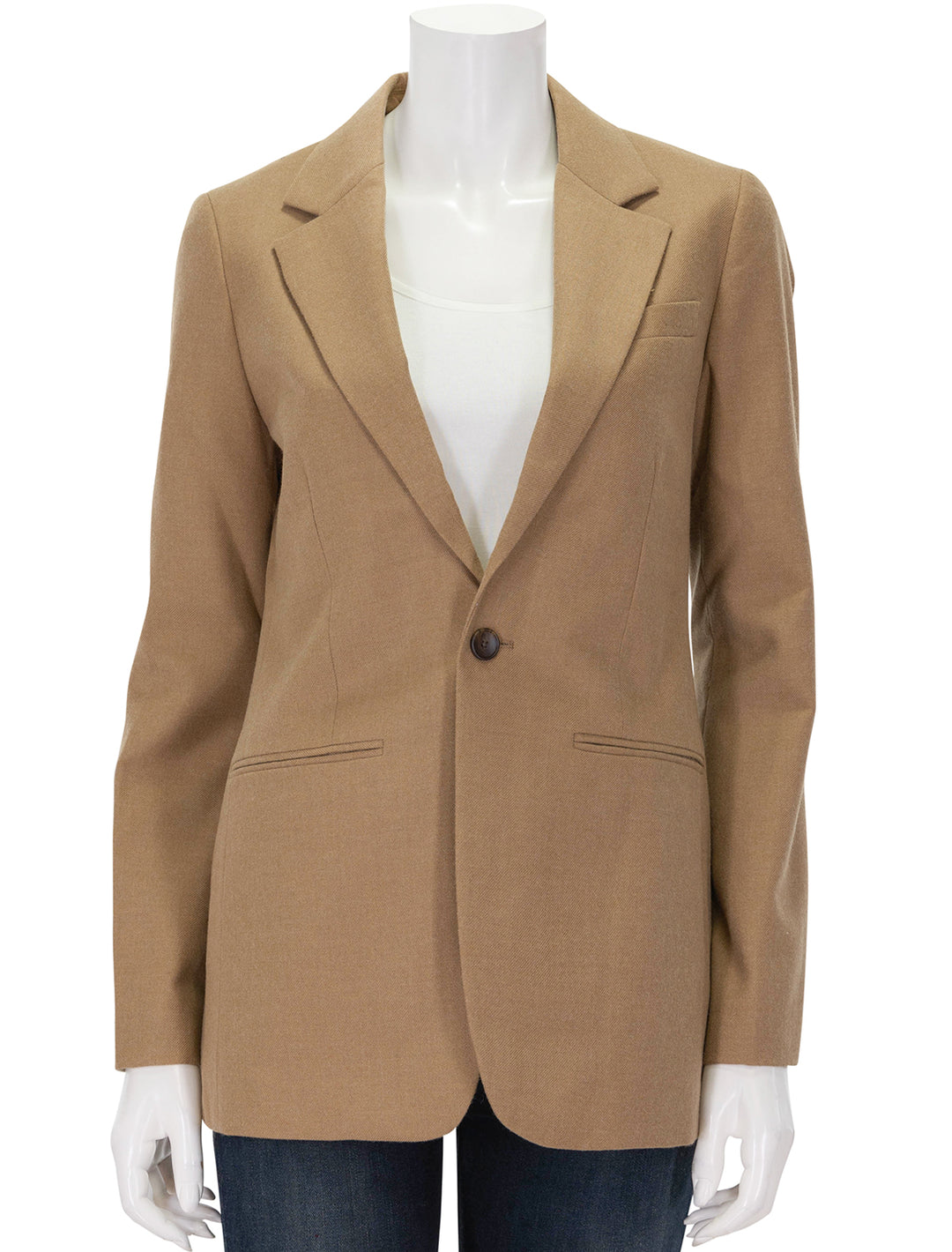 Front view of Alex Mill's marie blazer in camel, buttoned.