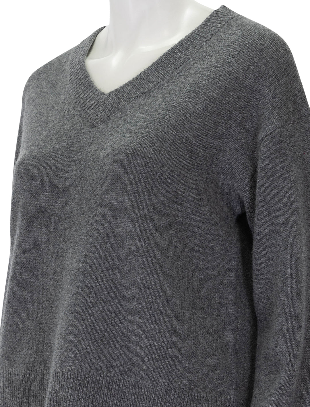 Close-up view of Alex Mill's rowan v neck sweater in sterling grey.