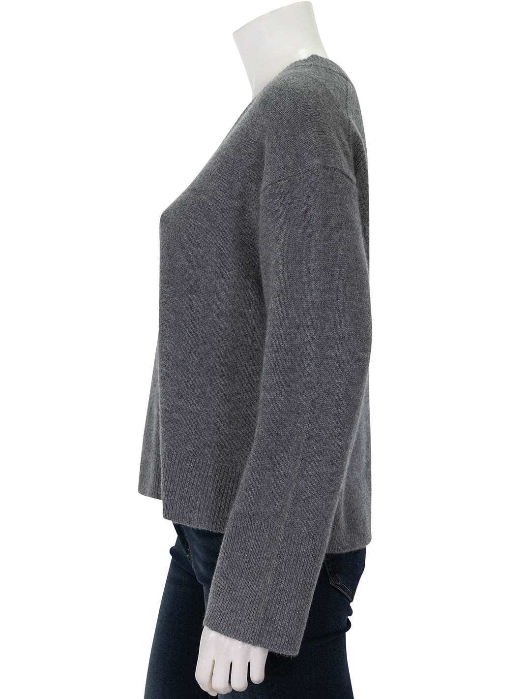 Side view of Alex Mill's rowan v neck sweater in sterling grey.