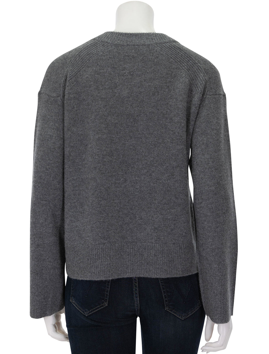 Back view of Alex Mill's rowan v neck sweater in sterling grey.