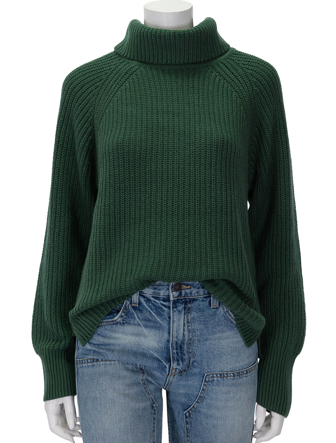 Front view of Alex Mill's nora turtleneck sweater in hunter green.