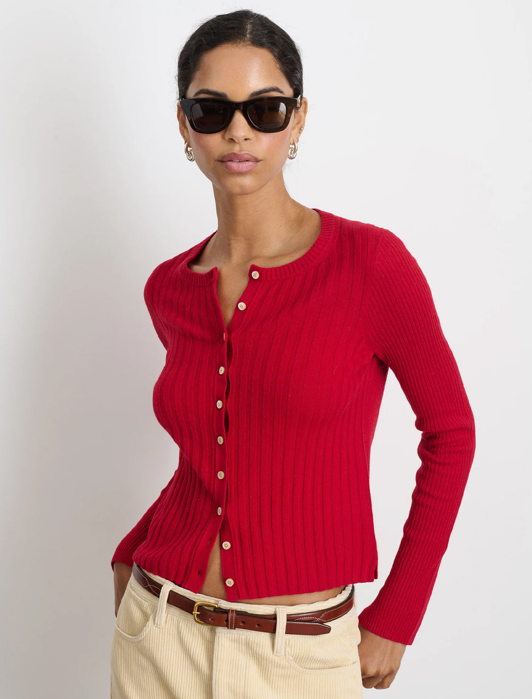 Model wearing Alex Mill's kb cardigan in crimson.