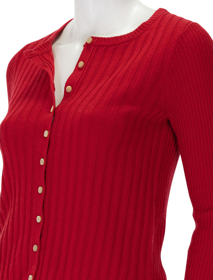 Close-up view of Alex Mill's kb cardigan in crimson.