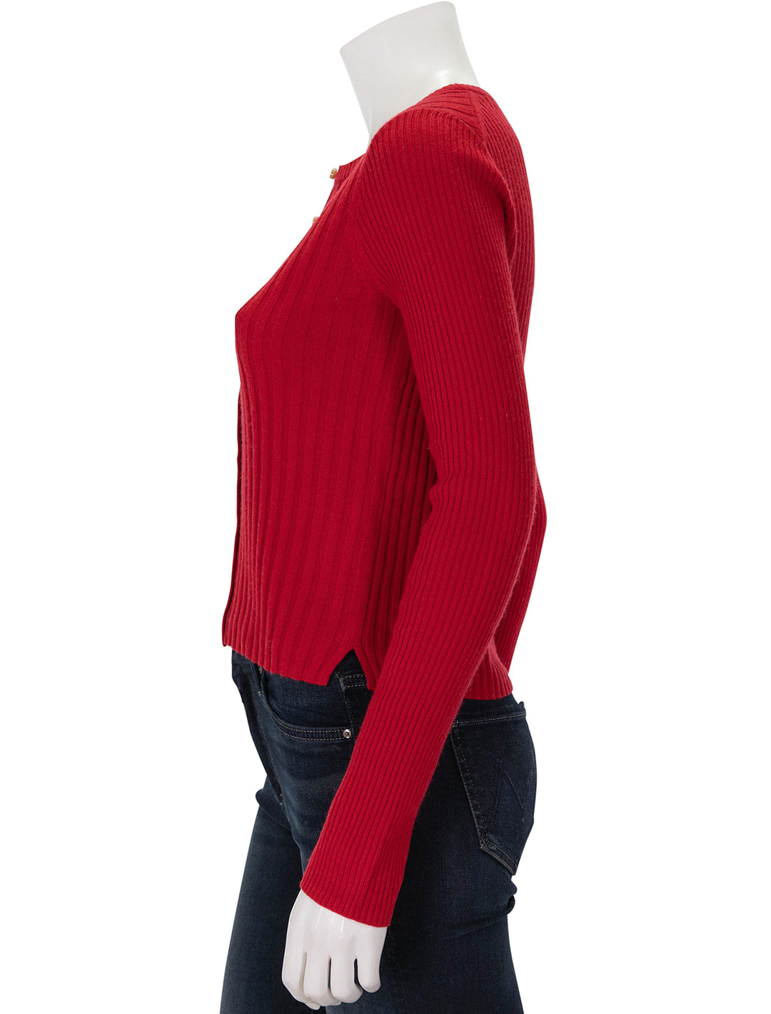 Side view of Alex Mill's kb cardigan in crimson.