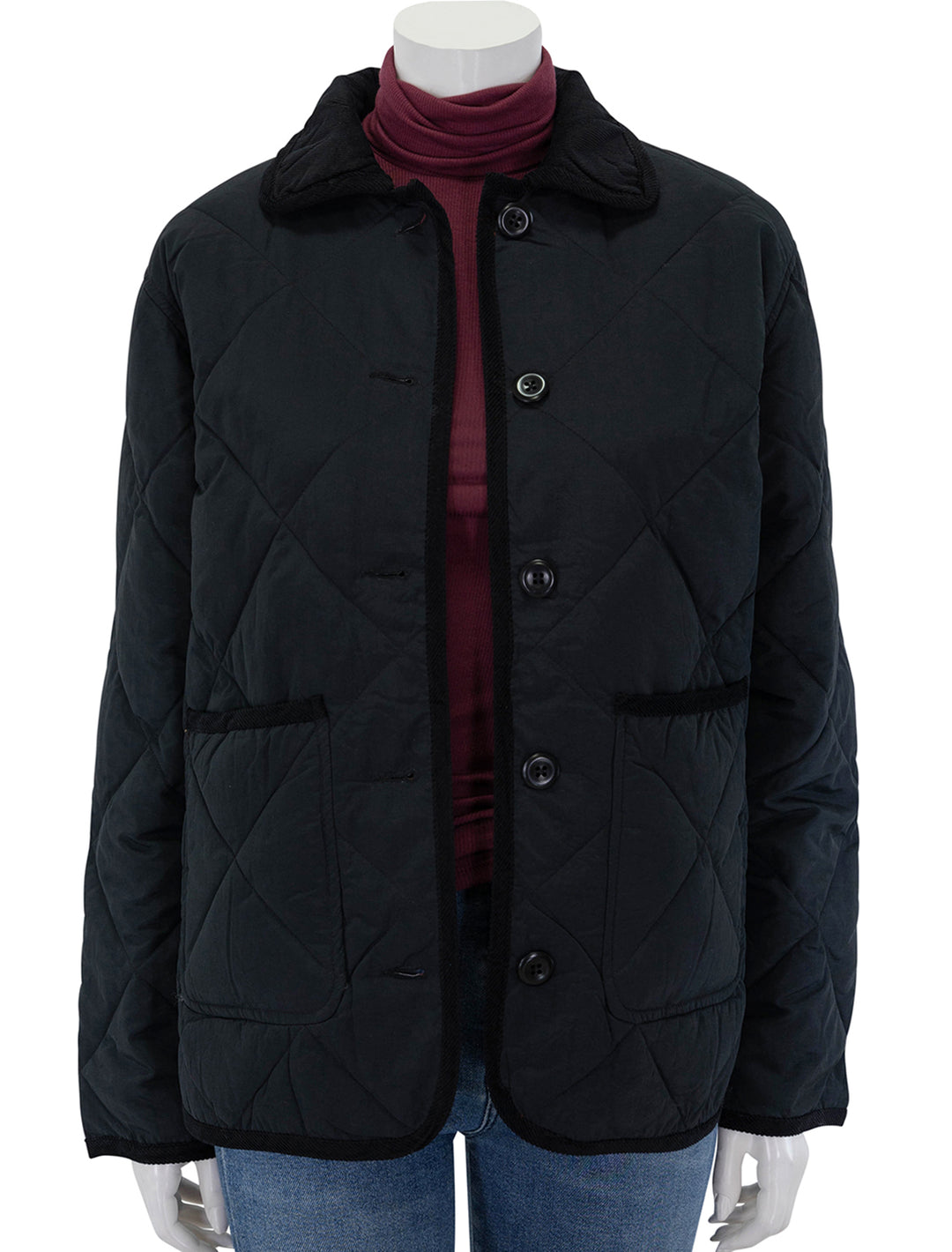 Front view of Alex Mill's quinn quilted jacket in black, unbuttoned.