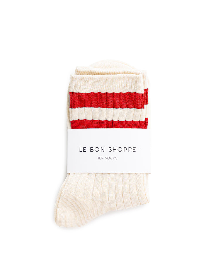 Overhead view of Le Bon Shoppe's her socks varsity in red.