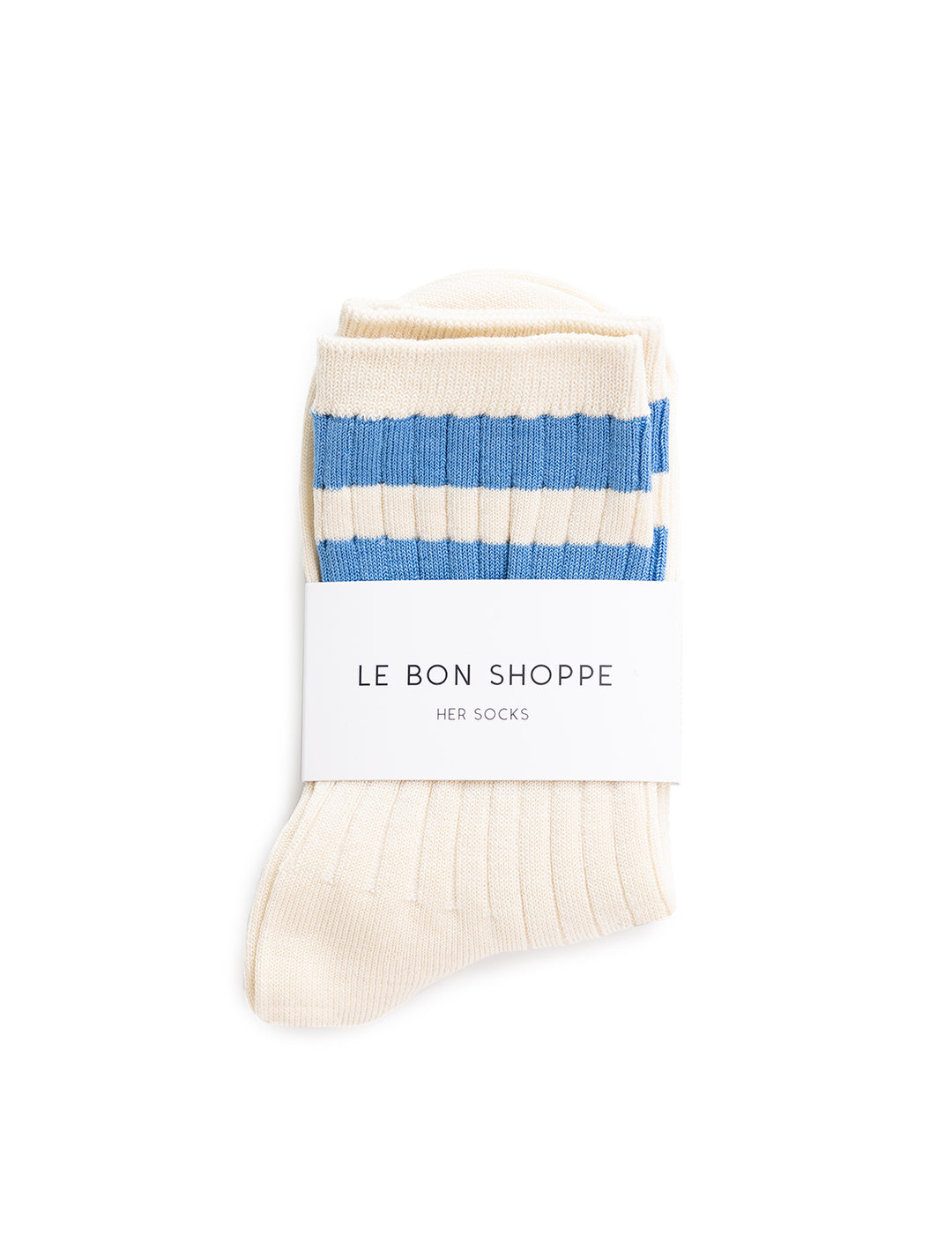 Front view of Le Bon Shoppe's her socks varsity in blue.