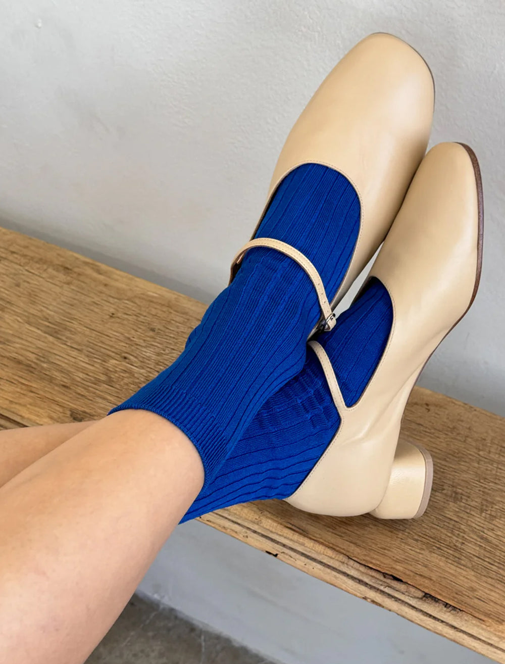 Model wearing Le Bon Shoppe's her socks in cobalt.