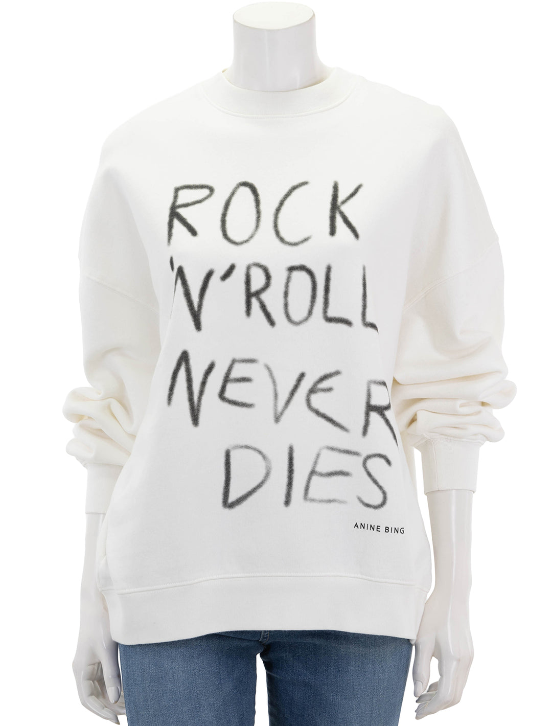 Front view of Anine Bing's rock n roll never dies miles sweatshirt.