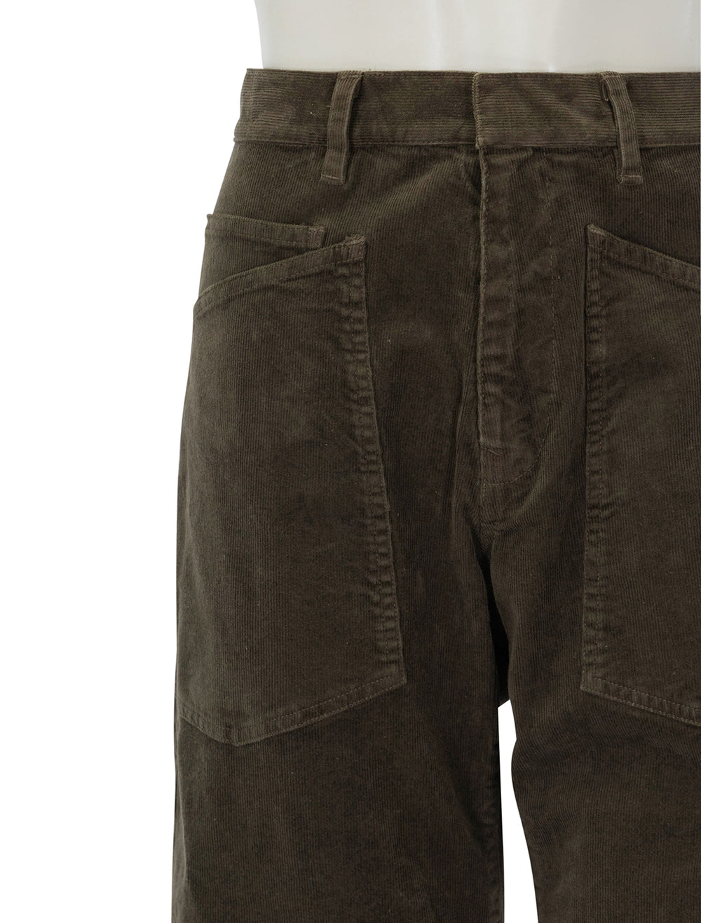 Close-up view of Nili Lotan's shon pant in dark umber cord.