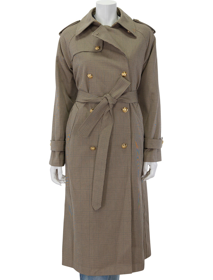 Front view of Nili Lotan's toussant trench coat in beige check, buttoned.