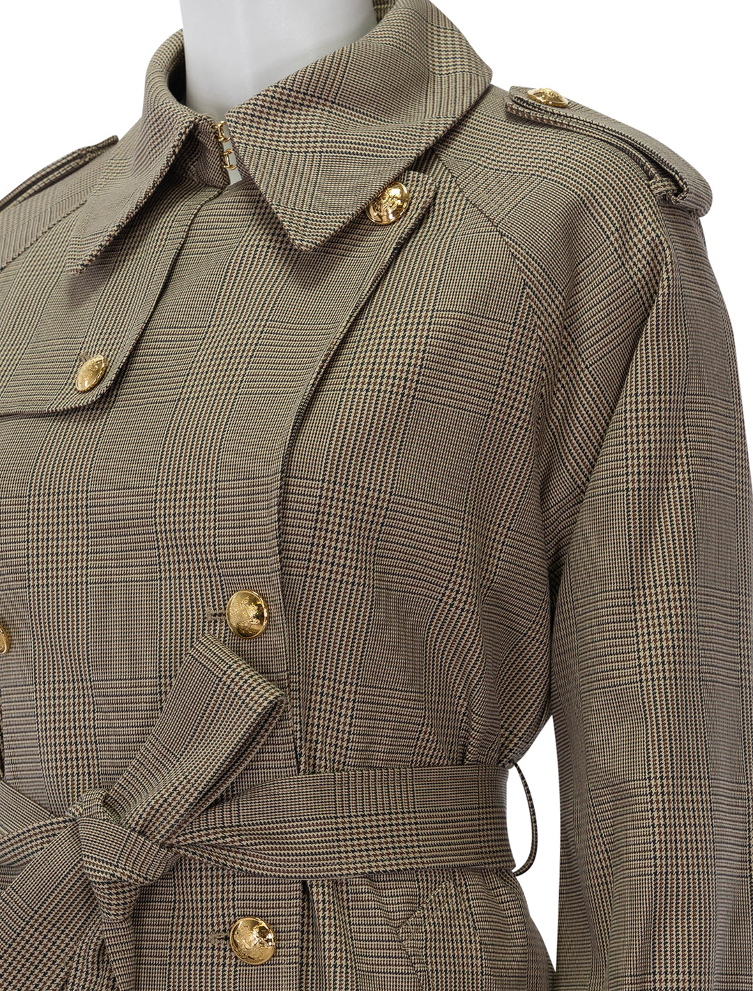 Close-up view of Nili Lotan's toussant trench coat in beige check.