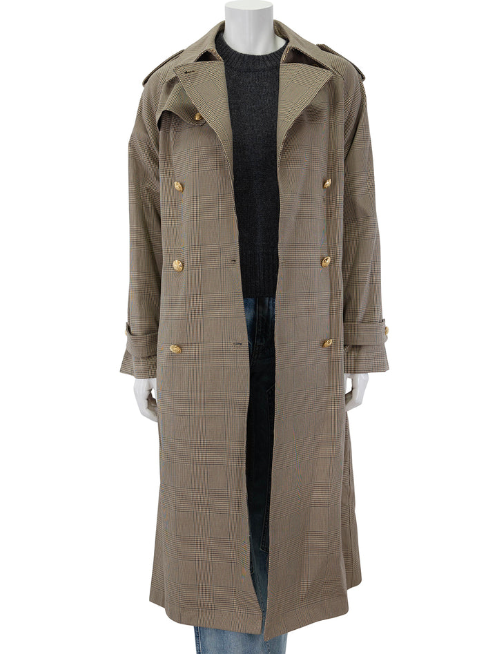 Front view of Nili Lotan's toussant trench coat in beige check, unbuttoned.