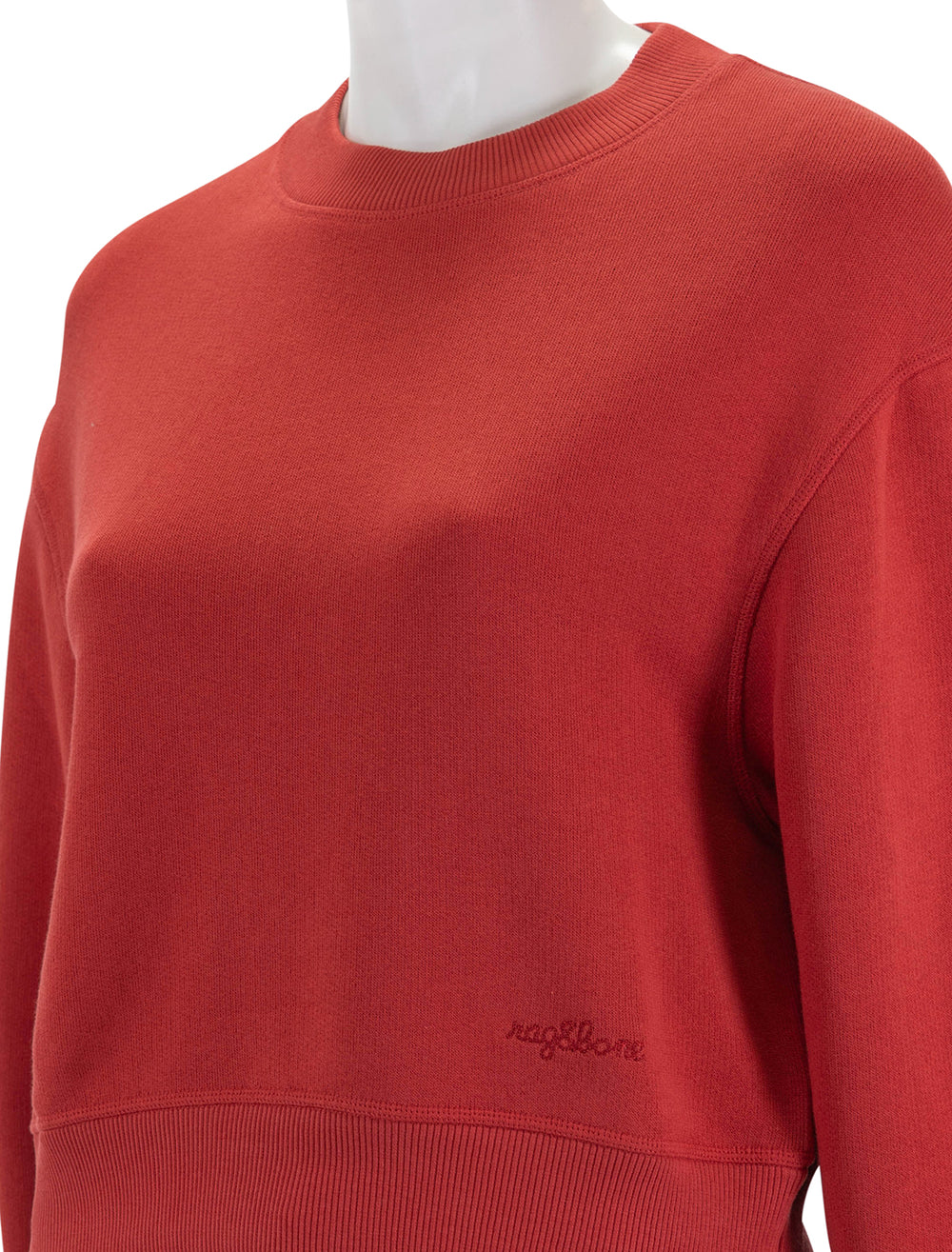 Close-up view of Rag & Bone's vintage terry sweatshirt in red.