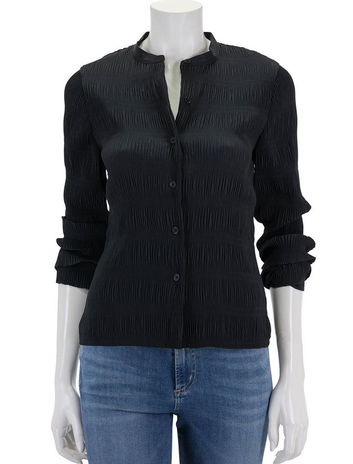 front view of belle ruched shirt in black