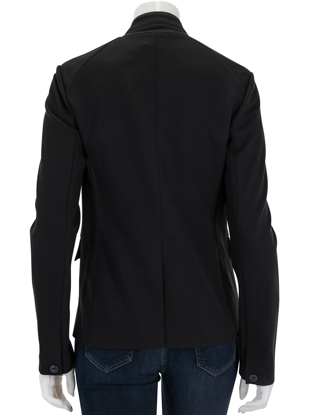 Back view of lucy ponte twill blazer in black