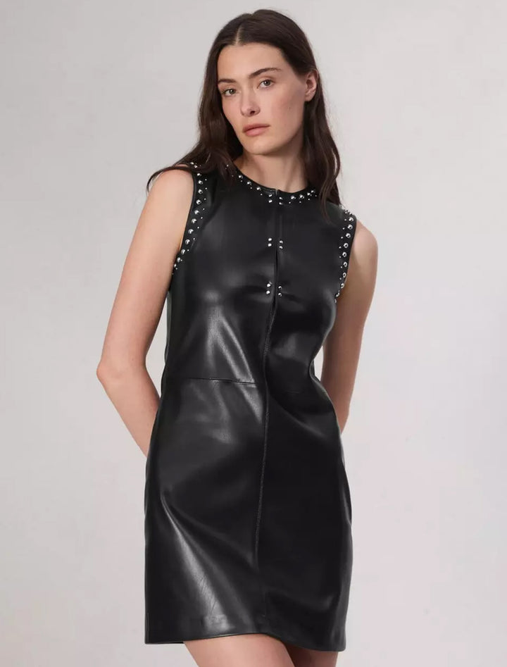 Model wearing Rag & Bone's brigette faux leather dress in black.