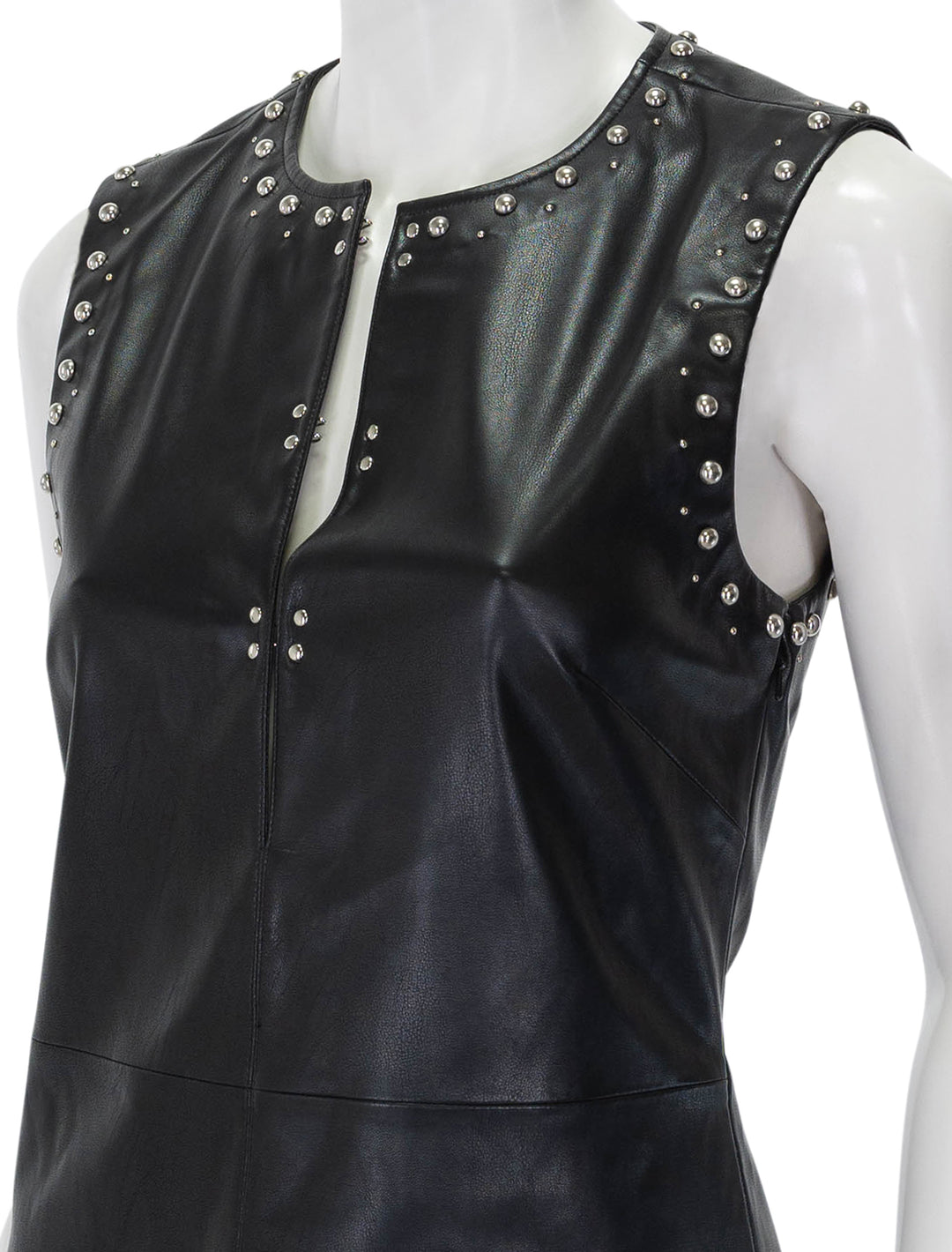 Close-up view of Rag & Bone's brigette faux leather dress in black.