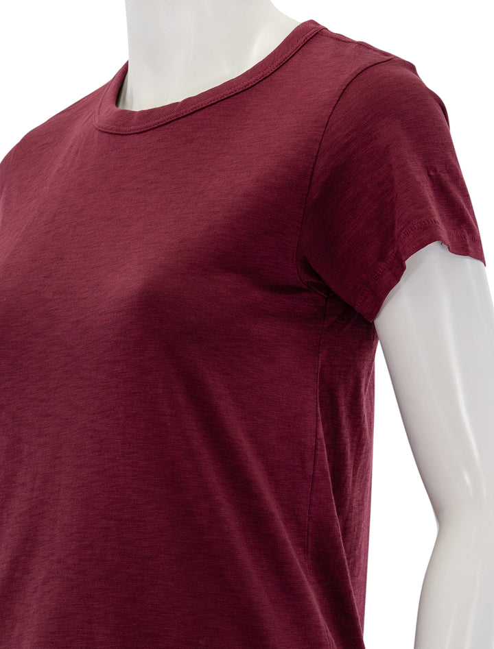 Close-up view of Rag & Bone's the slub tee in burgundy.