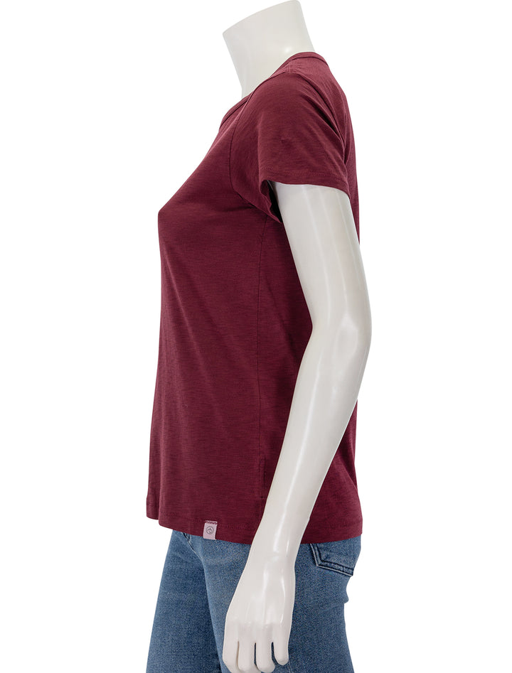 Side view of Rag & Bone's the slub tee in burgundy.