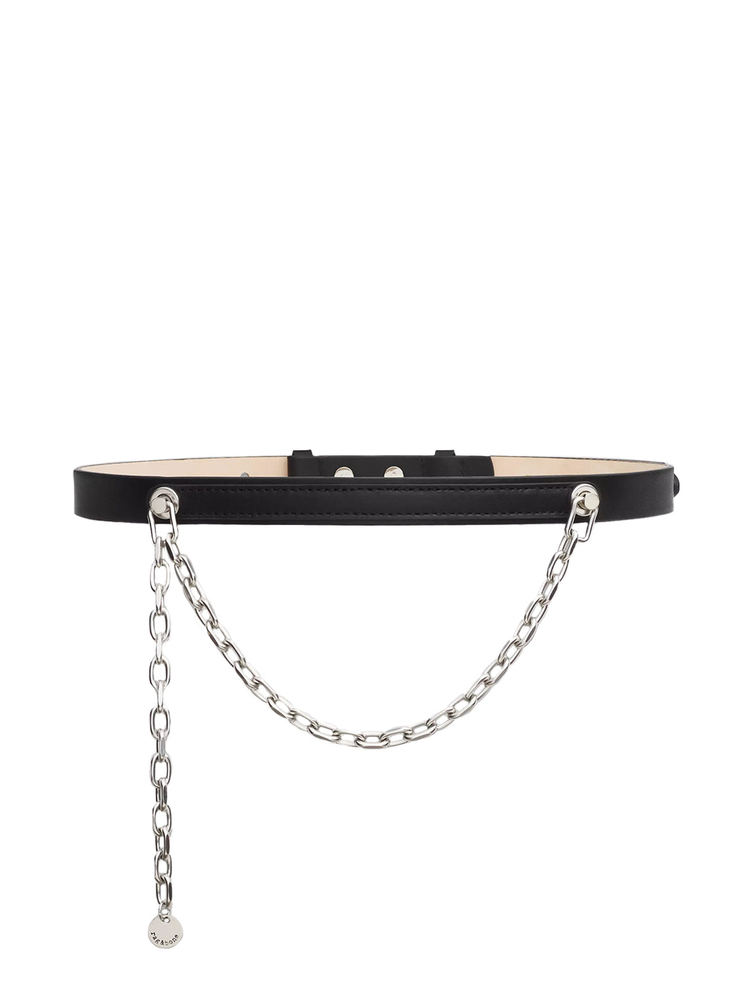 Front vew of Rag & Bone's mari chain belt in black.