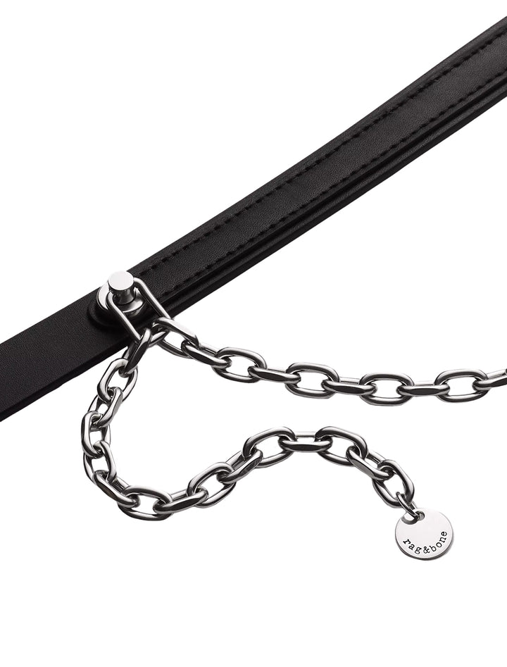 Close-up view of Rag & Bone's mari chain belt in black.