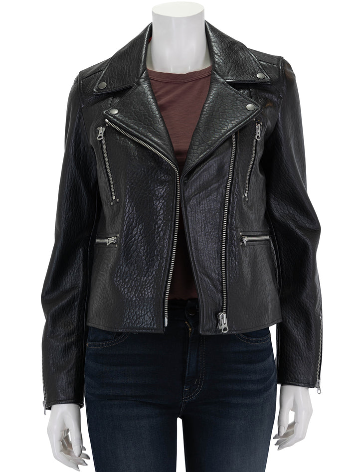 Front view of Rag & Bone's arrow leather jacket in black.