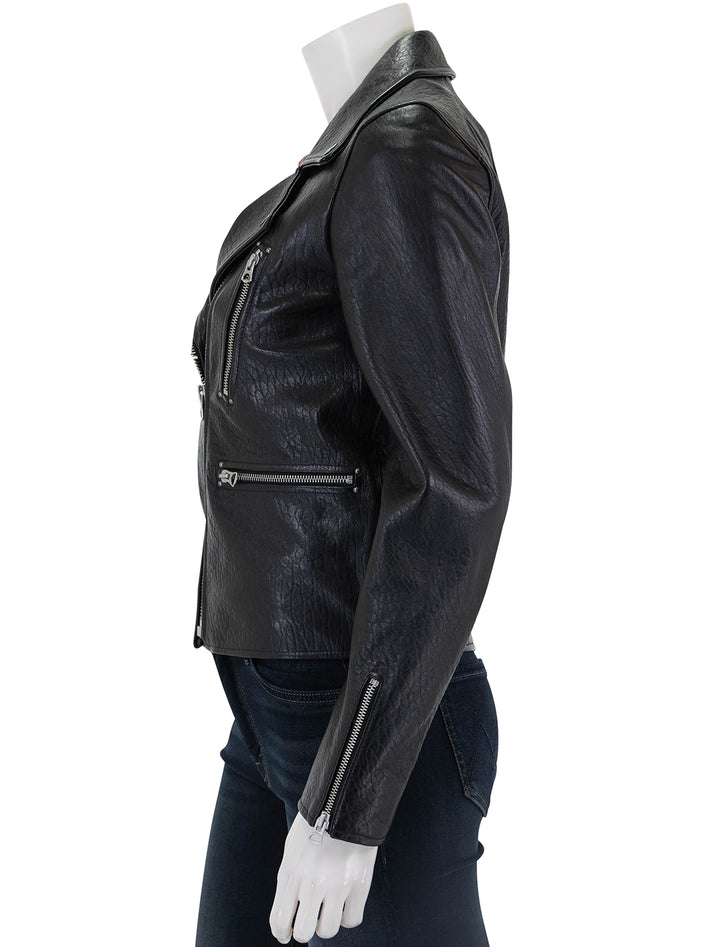 Side view of Rag & Bone's arrow leather jacket in black.