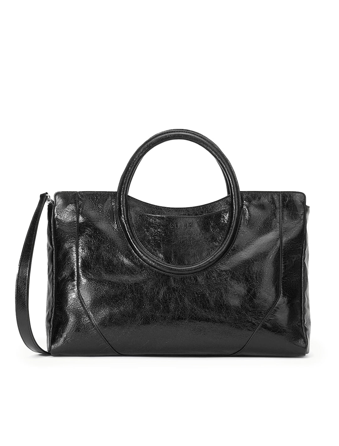 Front view of Staud's maude satchel in black.