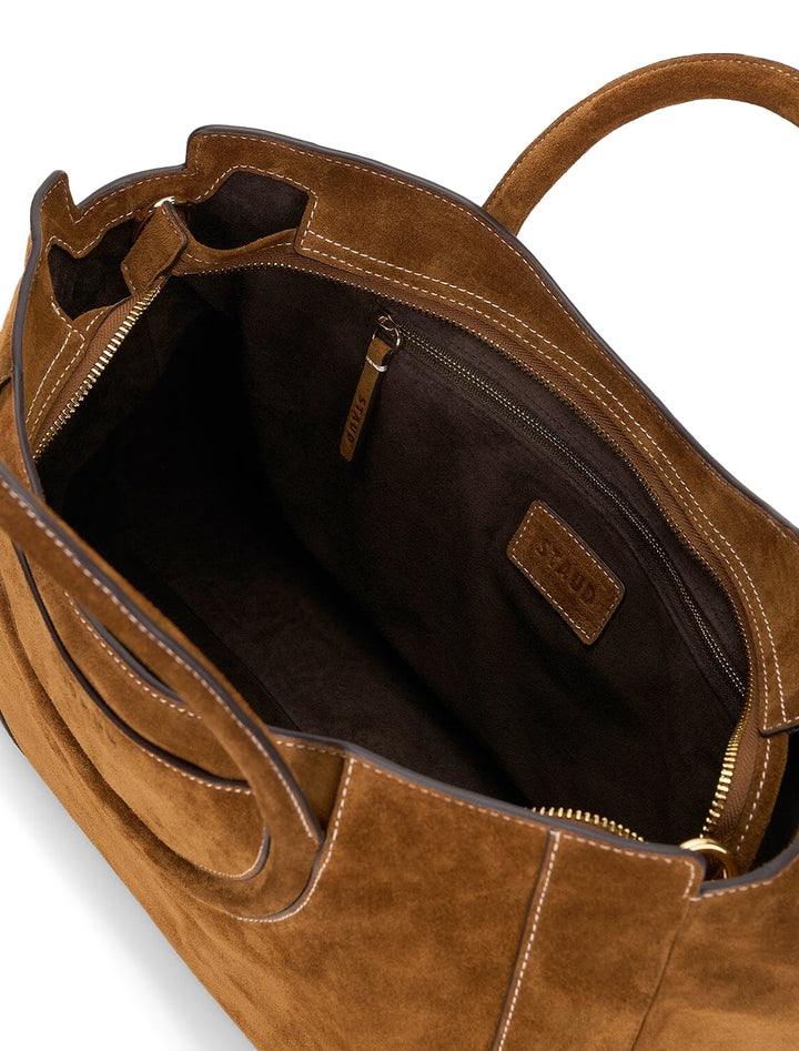 maude satchel in tan suede