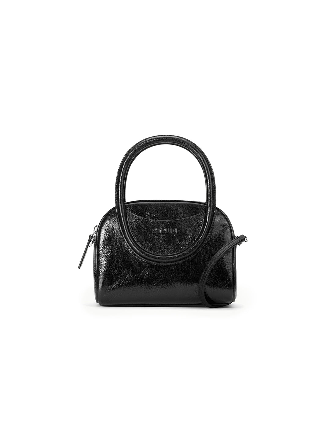 Front view of Staud's maude mini bowler bag in black.