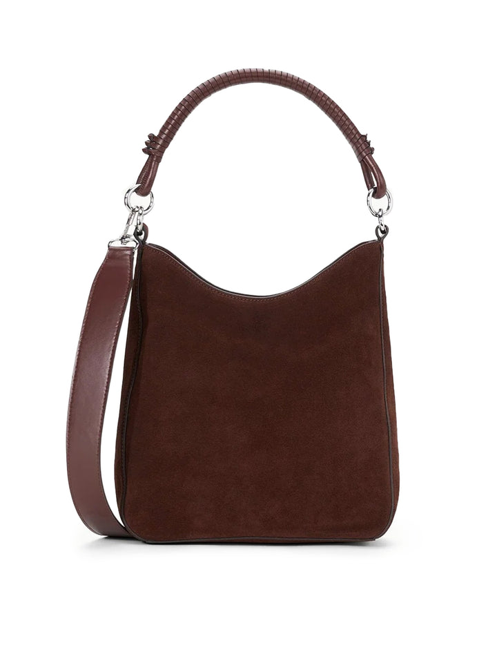 Front view of Staud's mel shoulder bag in mahogany suede.