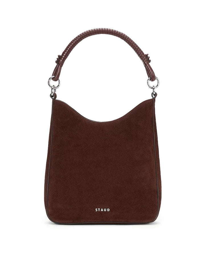Back view of Staud's mel shoulder bag in mahogany suede.